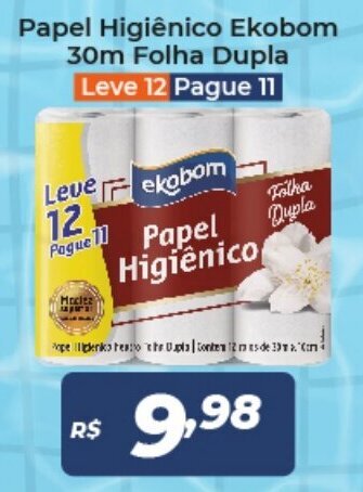 Atakarejo Papel Higiénico Ekobom 30m Folha Dupla Leve 12 Pague 11 oferta
