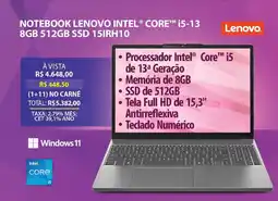 Lojas Cem Notebook lenovo intel® core™ i5-13 8GB 512GB SSD 15IRH10 oferta