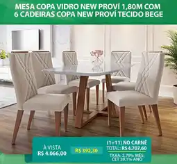 Lojas Cem Mesa copa vidro new proví 1,80m com 6 cadeiras copa new proví tecido bege oferta