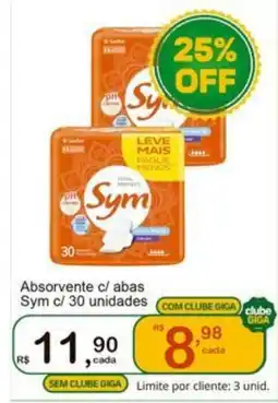 Giga Atacado Absorvente c/ abas Sym c/ 30 unidades oferta