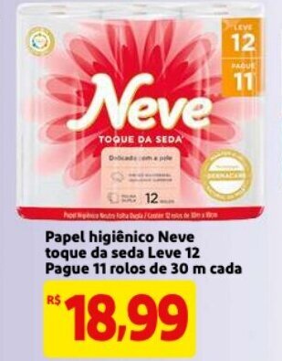 Mercado Extra Papel Higiénico Neve Toque da Seda Leve 12 Pague 11 rolos de 30m cada oferta