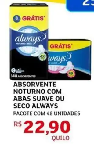 Absorvente noturno com abas suave ou seco always
