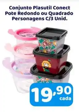X Supermercados Conjunto Plasutil Conect Pote Redondo ou Quadrado Personagens C/3 Unid. oferta