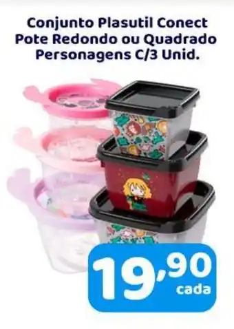 Conjunto Plasutil Conect Pote Redondo ou Quadrado Personagens C/3 Unid.