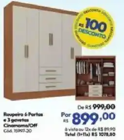 Lojas Becker Roupeiro 6 Portas e 3 gavetas Cinamoma/Off oferta