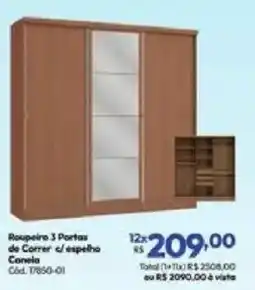 Lojas Becker Roupeiro 3 Portas de Correr c/ espelho Canela oferta