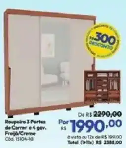 Lojas Becker Roupeira 3 Portas de Correr e 4 gav. Freijá/Creme oferta