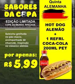 Rancho Bom Supermercados Hot dog alemão + 1 refri. coca-cola pet oferta