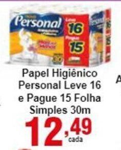 Rossi Supermercado Papel Higiénico Personal Leve 16 e pague 15 folha Simples 30m oferta