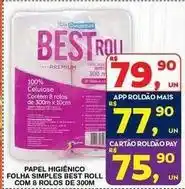 Roldão Premium - papel higiénico folha simples roll com 8 rolos de 300m oferta