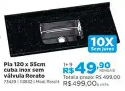 Lojas Solar Pia 120 x 55cm cuba inox sem válvula Rorato oferta