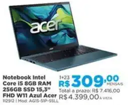 Lojas Solar Notebook intel core i5 8gb ram 256gb ssd 15,3" fhd w11 azul acer oferta