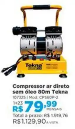 Lojas Solar Compressor ar direto sem óleo 80m tekna oferta