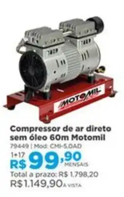 Lojas Solar Compressor de ar direto sem óleo 60m motomil oferta