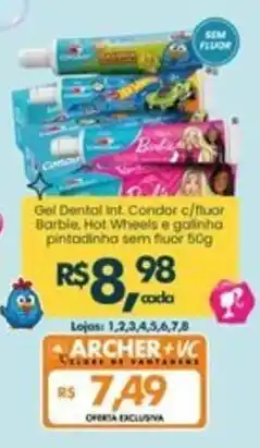 Supermercados Archer gel dental inf. condor c/flúor barbie, hot wheels e galinha pintadinha sem flúor 50g oferta