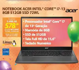 Lojas Cem Notebook acer intel® core™ i7-13 8gb 512gb ssd 72wl oferta