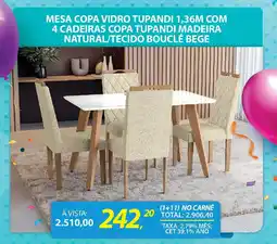 Lojas Cem Mesa copa vidro tupandi 1,36m com 4 cadeiras copa tupandi madeira natural/tecido bouclé bege oferta
