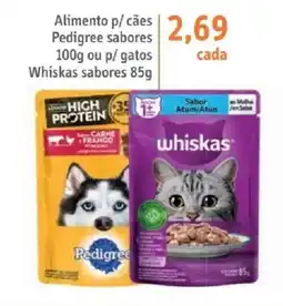 Sonda Alimento p/ cães Pedigree sabores 100g ou p/ gatos Whiskas sabores 85g oferta