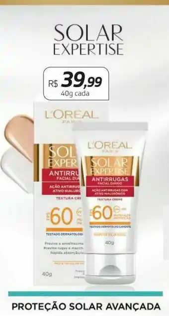 Protetor solar facial l'oréal paris solar expertise antirrugas fps 60 40g