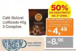 Supermercados Mundial Café Solúvel Liofilizado 40g 3 Corações oferta