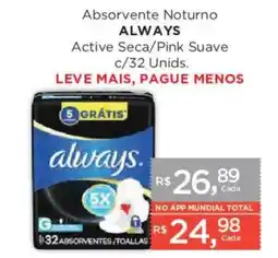 Supermercados Mundial Absorvente Noturno Always Active Seca/Pink Suave oferta