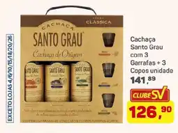 Supermercados São Vicente Cachaça Santo Grau com 3 Garrafas +3 Copos unidade oferta