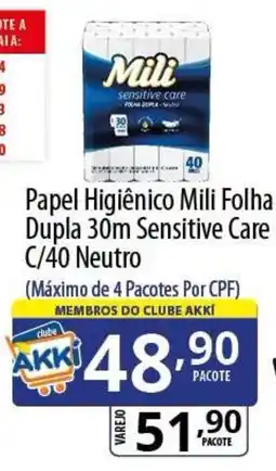 Akki Atacadista Papel Higiênico Mili Folha Dupla 30m Sensitive Care C/40 Neutro oferta