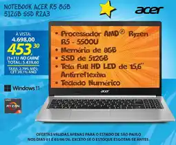 Lojas Cem Notebook acer r5 8gb 512gb ssd r2a3 oferta