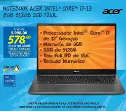 Lojas Cem Notebook acer intel core i7-13 8gb 512gb ssd 72wl oferta