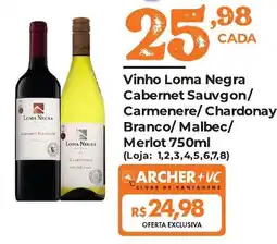 Supermercados Archer Vinho Loma Negra Cabernet Sauvignon/ Carmenere/ Chardonnay Branco/ Malbec/ Merlot oferta