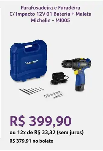 Parafusadeira e furadeira c/ impacto 12v 01 bateria + maleta michelin