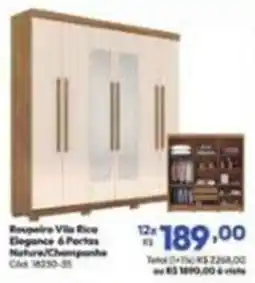 Lojas Becker Roupeiro Villa Rico Elegance 6 Portas Nature/Champagne oferta