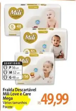 Atacadão Fralda descartável mili love e care mega vários tamanhos pacote oferta