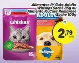 Amarelinha Supermercados Alimentos p/ gato adulto whiskas sachê 85g ou alimento p/ cães pedigree adulto sachê 100g oferta