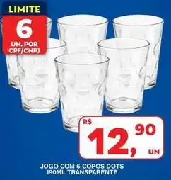 Roldão Jogo com 6 copos dots 190ml transparente oferta