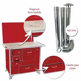 Benoit Fogão a Lenha Venâncio N2 Direito Vermelho com Chaminé Universal Inox oferta