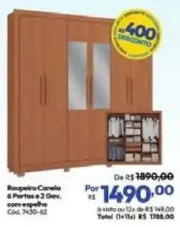 Lojas Becker Roupeiro Canela 6 Portas e 2 Gav. com espelho oferta