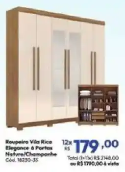 Lojas Becker Roupeiro Villa Rica Elegance 6 Portas Nature/Champanhe oferta