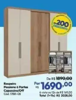 Lojas Becker Roupeiro Passione 6 Portas Capuccino/Off oferta