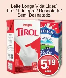 Supermercados Rod e Raf Leite longa vida lider/ tirol 1l integral/ desnatado/ semi desnatado oferta