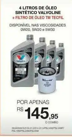 AutoZone 4 Litros De óleo Sintético Valvoline + Filtro De óleo Tm Tecfil oferta