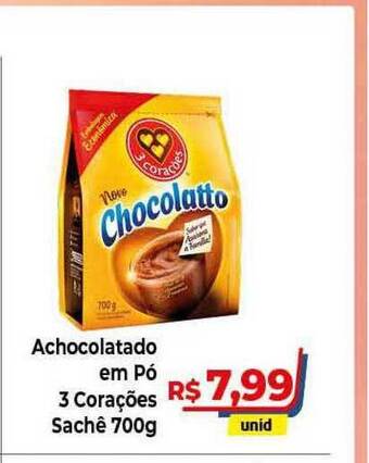 Hiper Moreira Achocolatado Em Pó 3 Corações Sachê 700g oferta