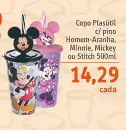 Sonda Copo Plasútil c/ pino Homem-Aranha, Minnie, Mickey ou Stitch oferta