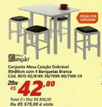 Lojas Becker Conjunto Mesa Cancao Dobravel 90 x 80cm com 4 Banquetas Branca oferta