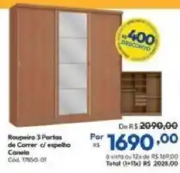 Lojas Becker Roupeiro 3 Portas de Correr c/ espelho Canela oferta