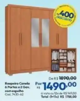 Lojas Becker Roupeiro Canela 6 Portas e 2 Gov. com espelho oferta