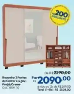 Lojas Becker Roupeiro 3 Portas de Correr e 4 gav. Freijó/Creme oferta