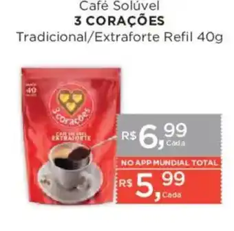 Supermercados Mundial Café Solúvel 3 Corações Tradicional/Extraforte oferta