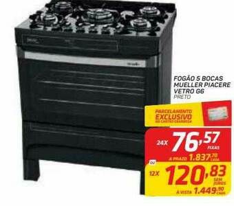 Fogão 5 Bocas Mueller Piacere Vetro G6