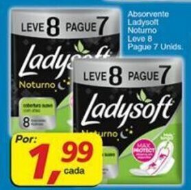 Absorvente Ladysoft Noturno leve 8 Pague 7 unids.